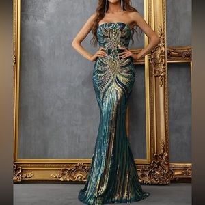 Backless green open back mermaid hem party formal sequins dress